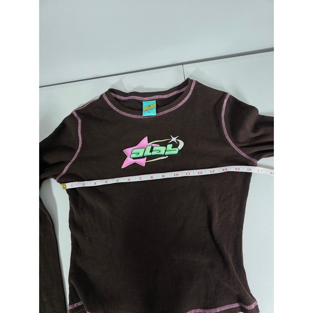 ALAB Thermal Shirt Womens Large Brown Pink Y2K Waffle Knit Graphic Long Sleeve - Picture 8 of 9